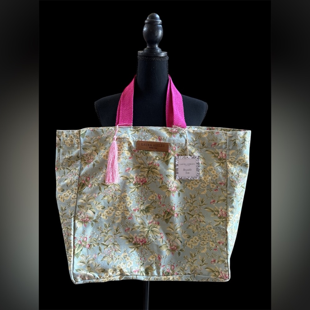 Laura Ashley Flowered Reusable‎ Canvas Tote NWT Blue/Pink/Green/Yellow